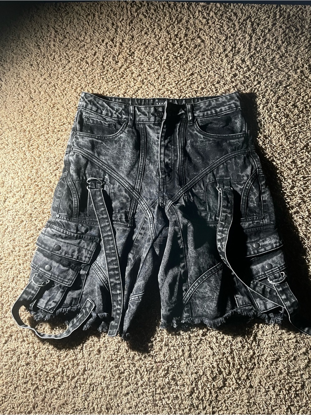 Black Washed Men’s Cargo Jean Shorts with Utility Straps